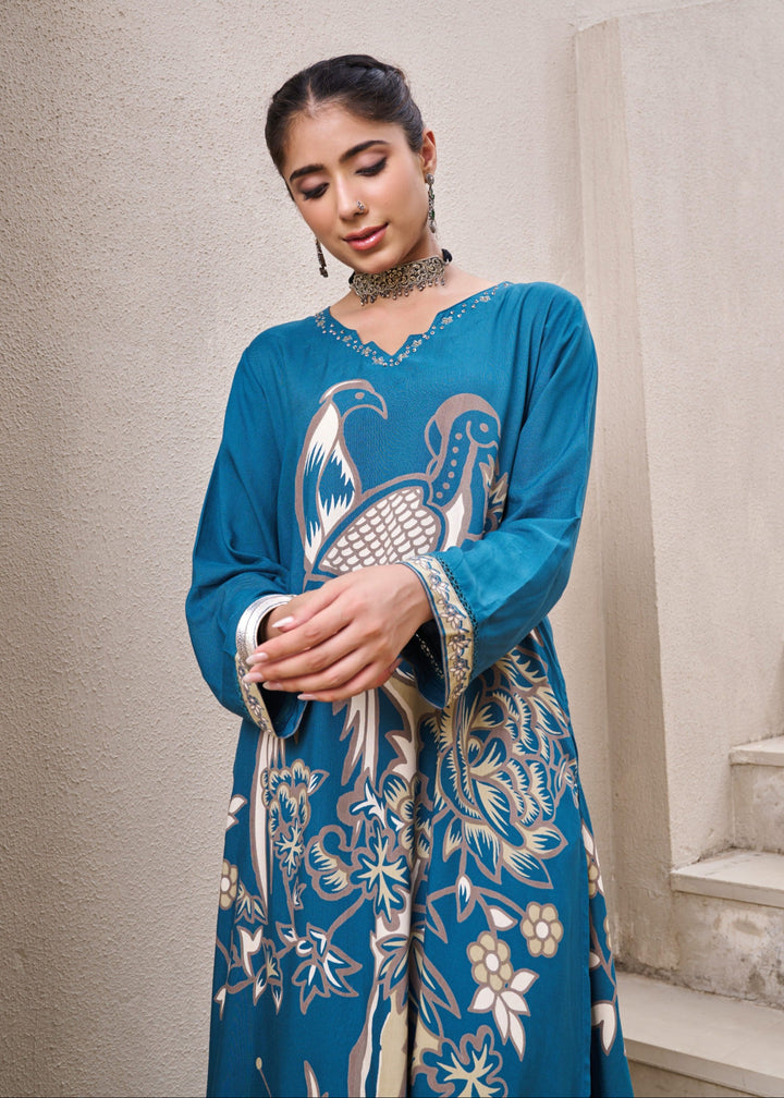 Kabool Peacock Printed Kurta Pant Set