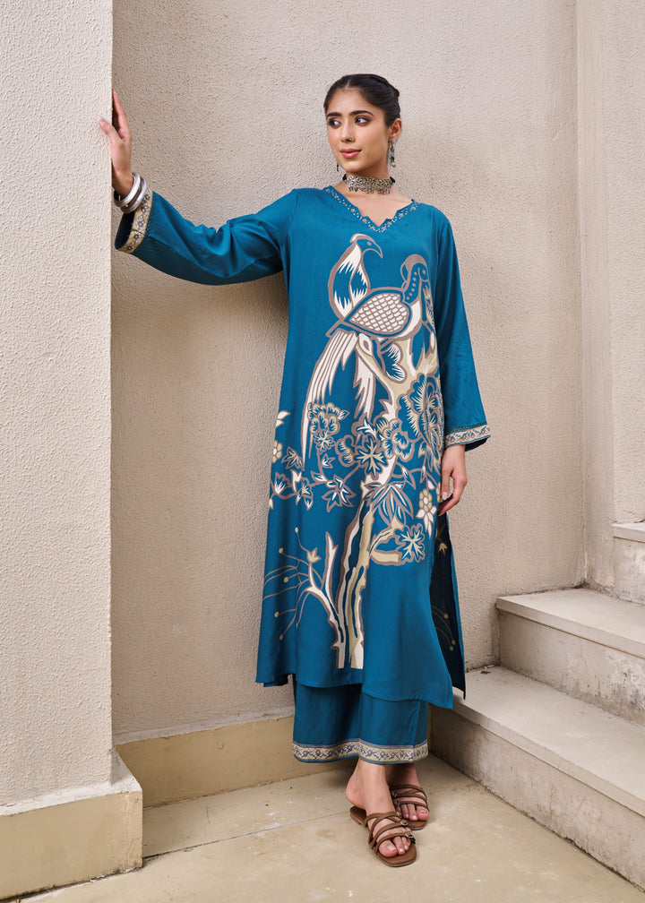 Kabool Peacock Printed Kurta Pant Set