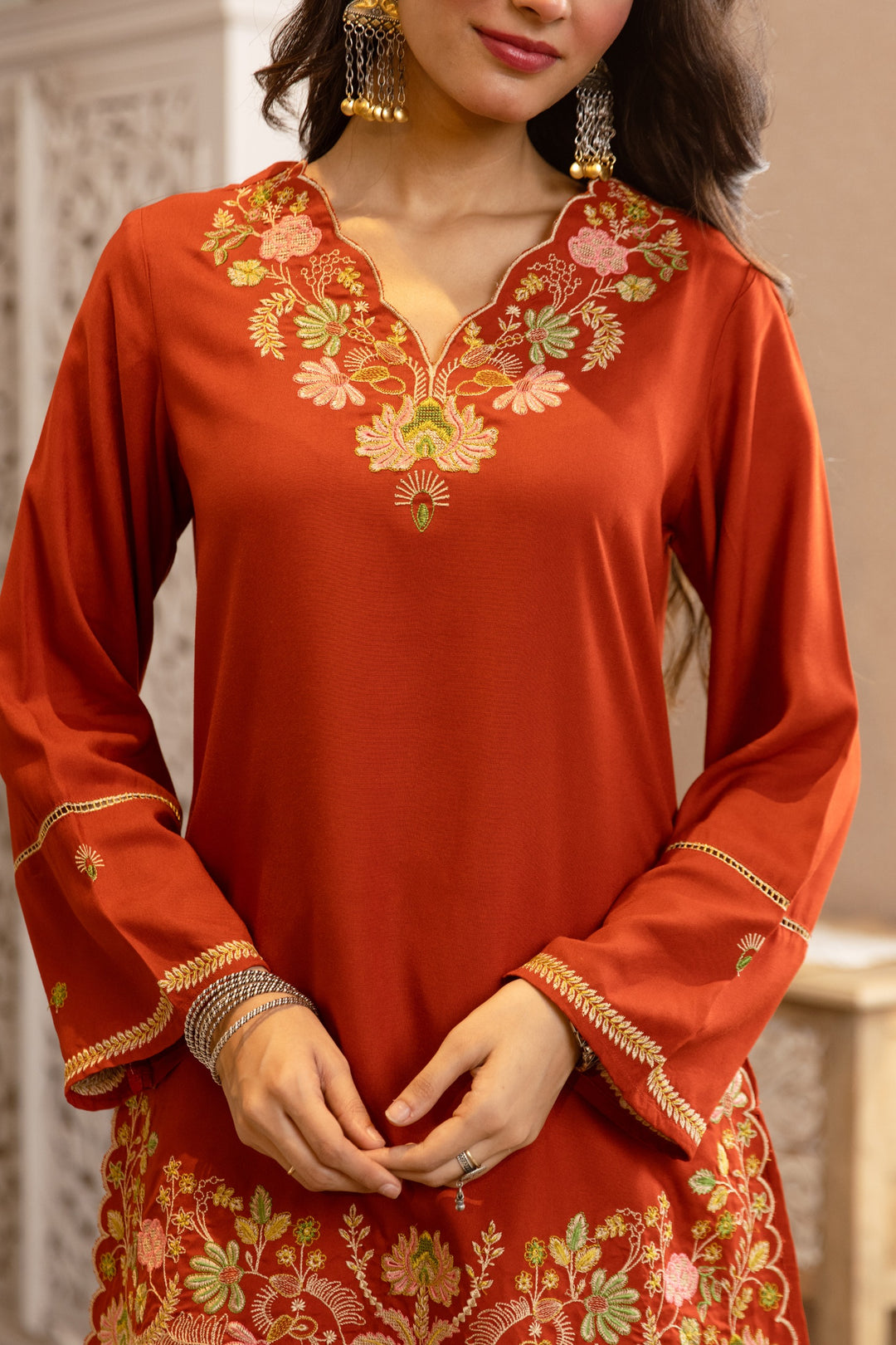 Karen Apricot Embroidery Cotton Co-ord Set