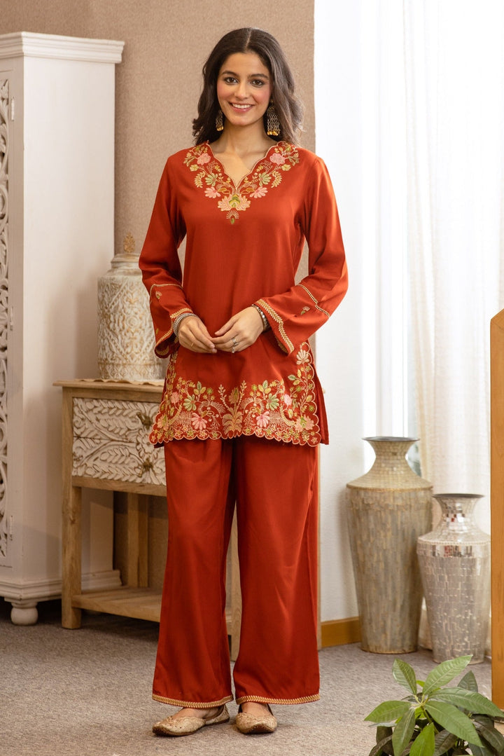 Karen Apricot Embroidery Cotton Co-ord Set