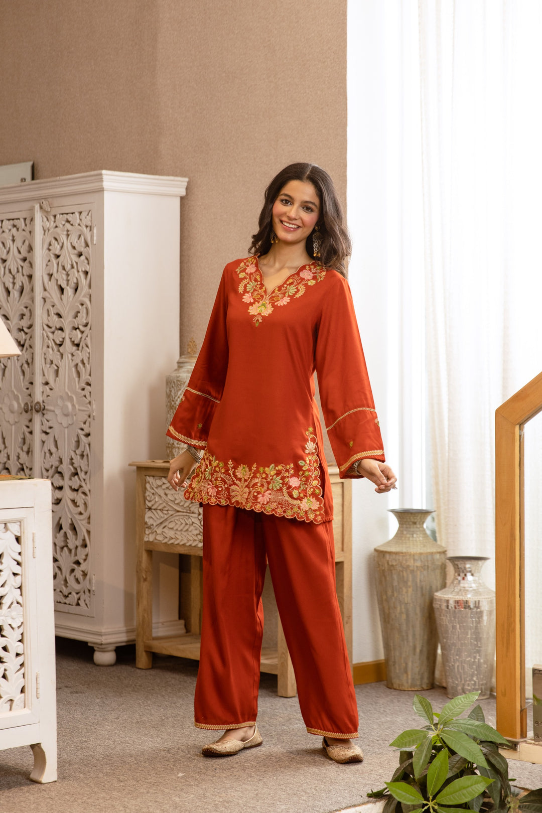 Karen Apricot Embroidery Cotton Co-ord Set