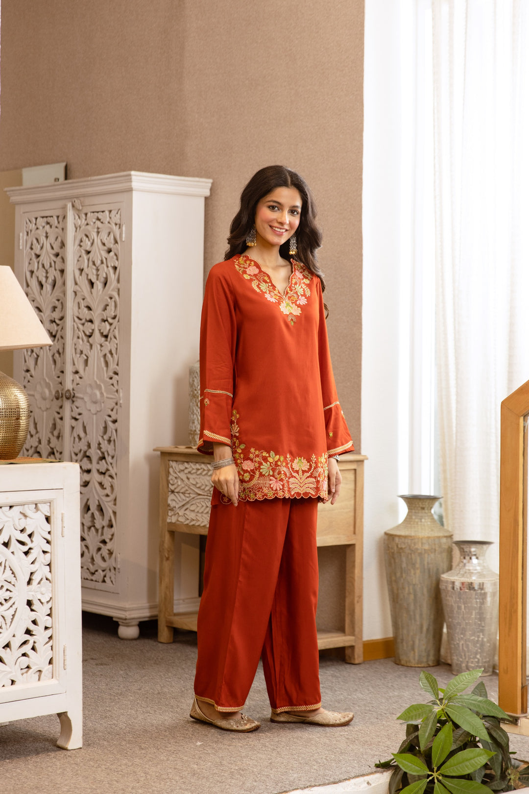 Karen Apricot Embroidery Cotton Co-ord Set