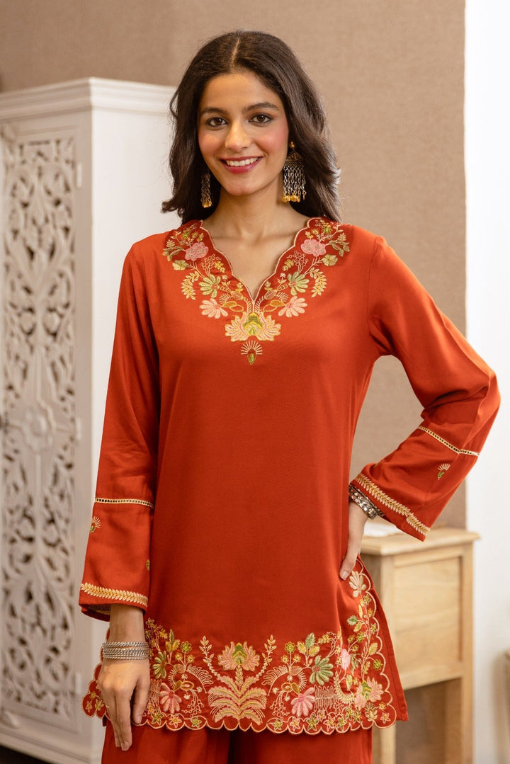 Karen Apricot Embroidery Cotton Co-ord Set