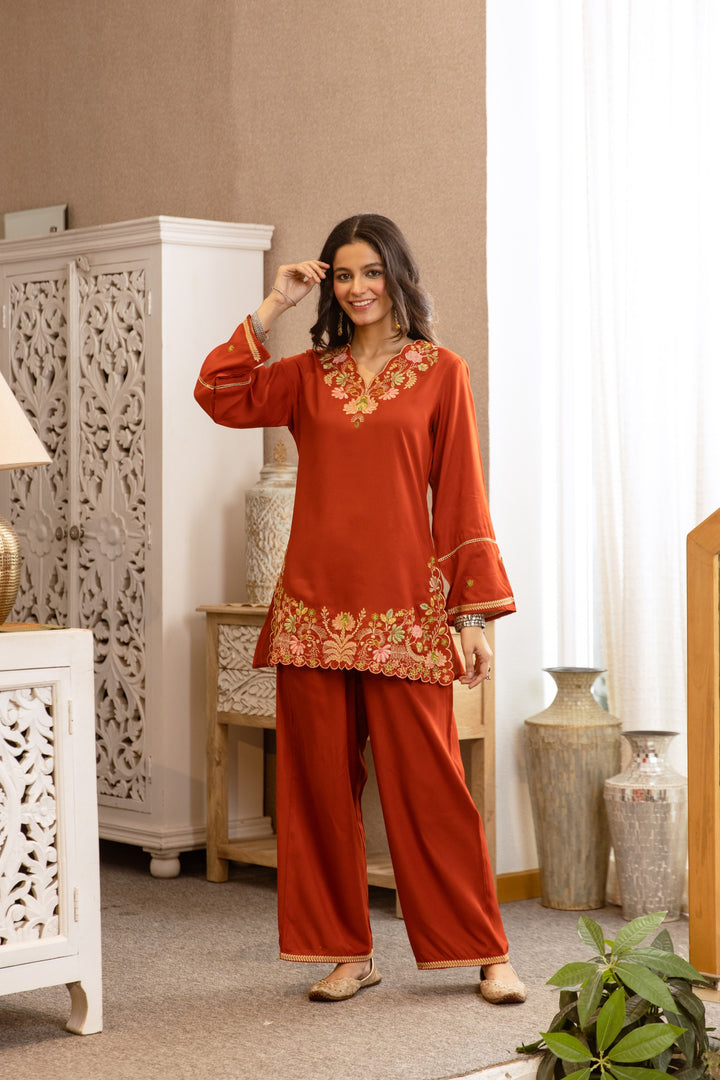 Karen Apricot Embroidery Cotton Co-ord Set