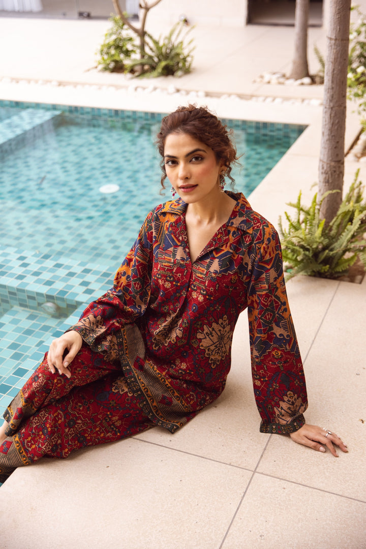 Kabool Claret Printed Co-ord Set