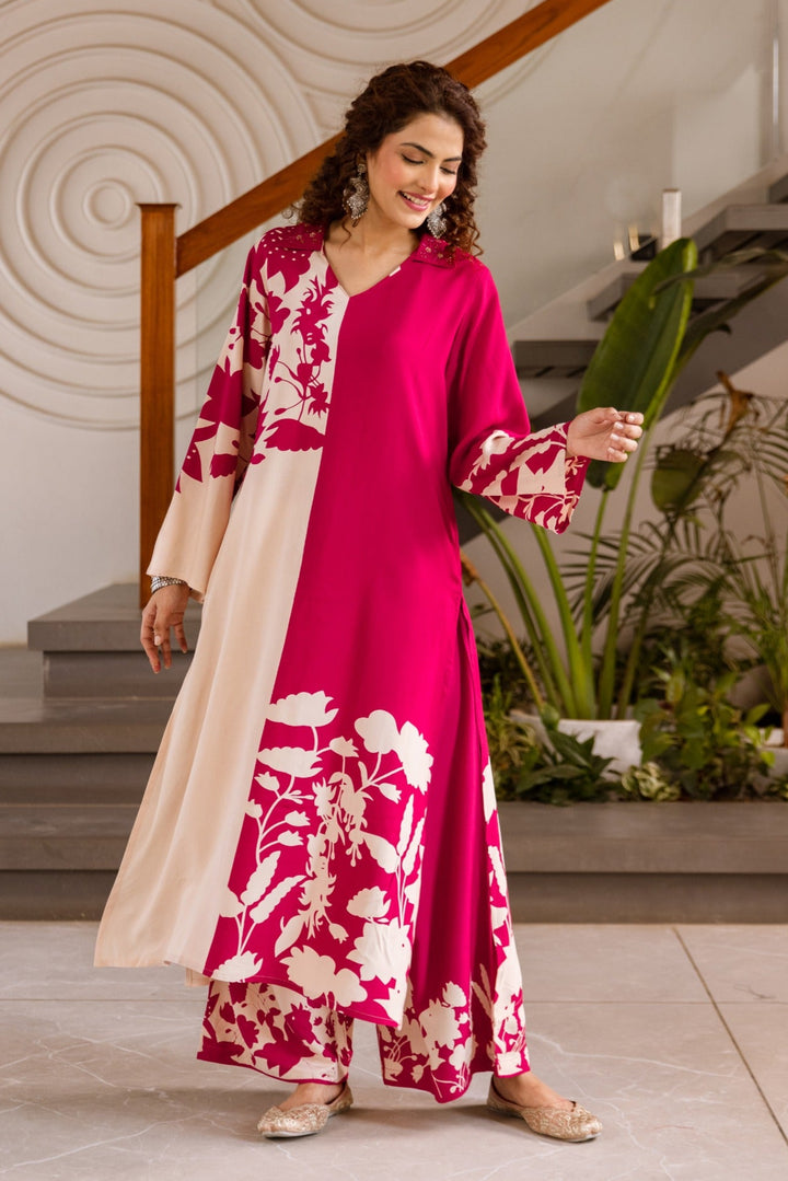 Kabool Fuchsia Bloom Printed Kurta pant set
