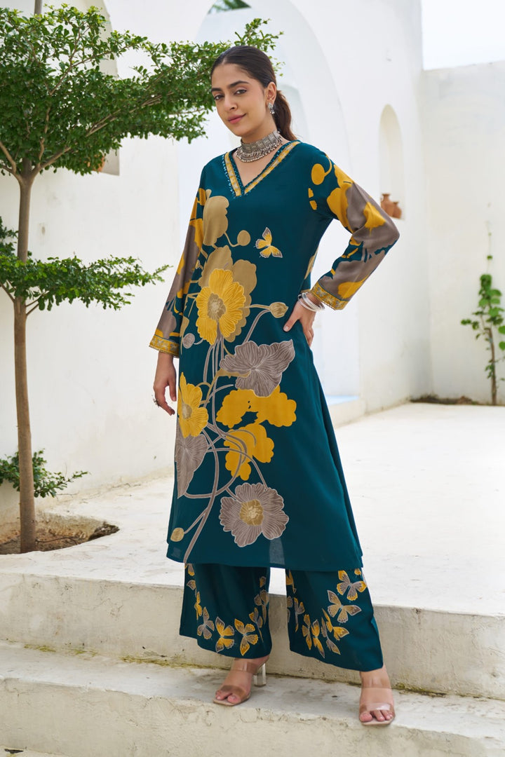 Sonpal cobalt printed kurta pant set