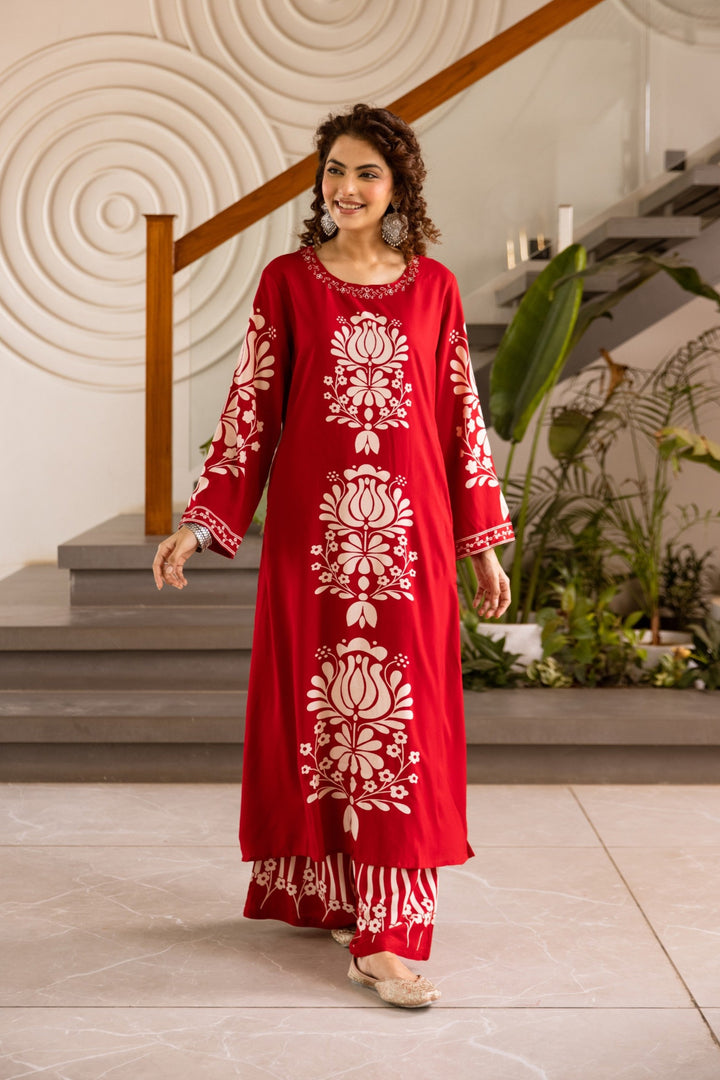Kabool Vermillion Printed Kurta Pant Set