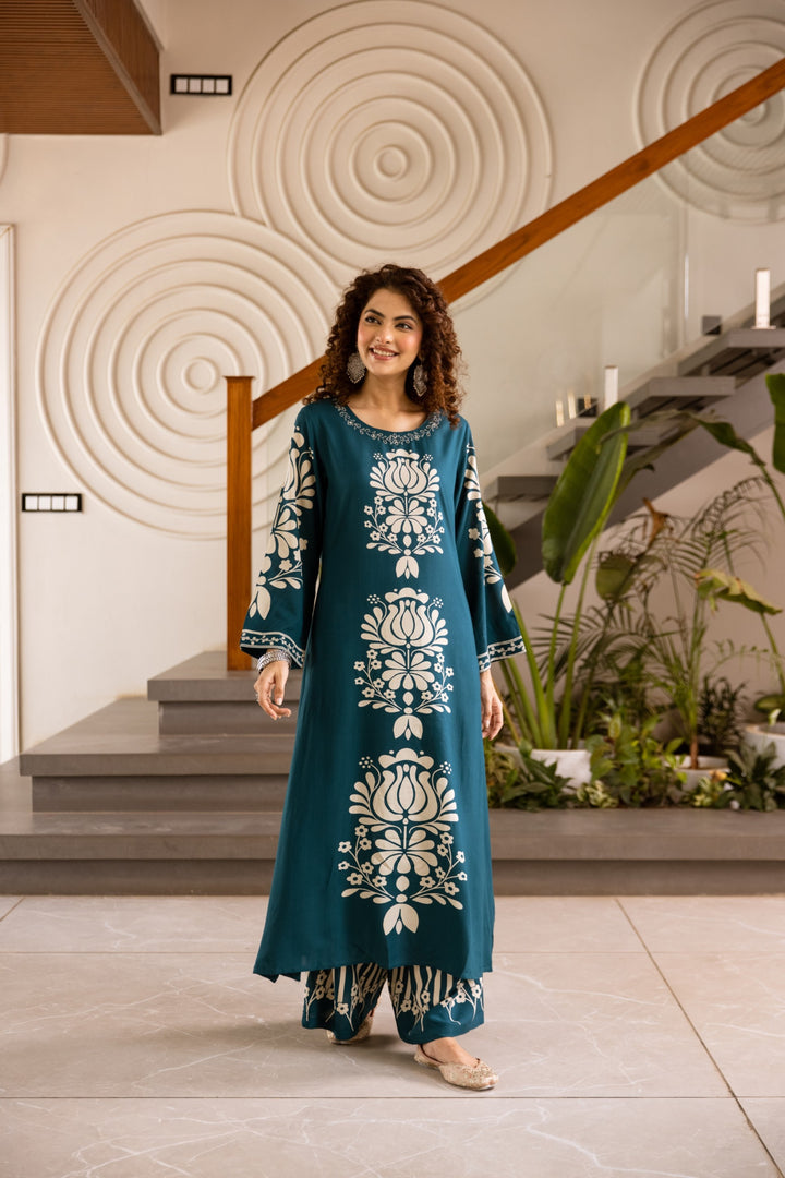 Kabool Azure Printed Cotton Kurta Pant Set