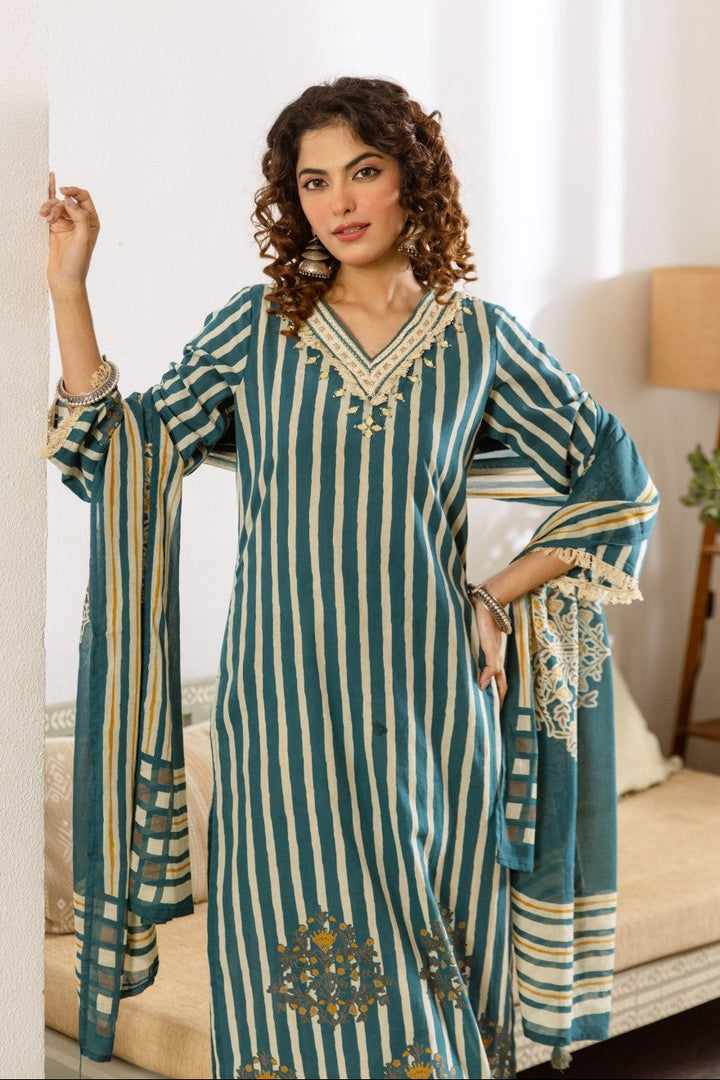Kamli Teal Cotton Suit Set