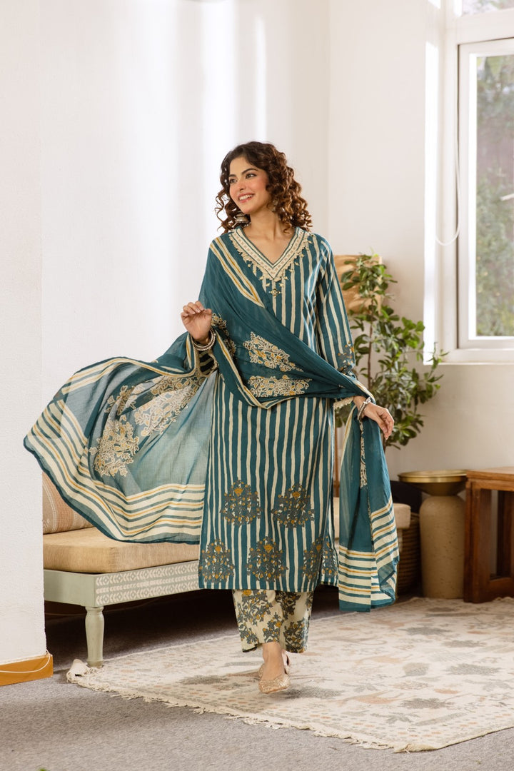 Kamli Teal Cotton Suit Set