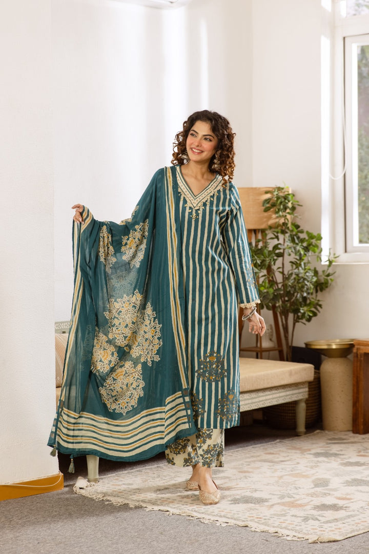 Kamli Teal Cotton Suit Set