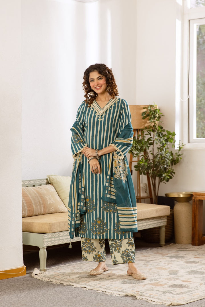 Kamli Teal Cotton Suit Set