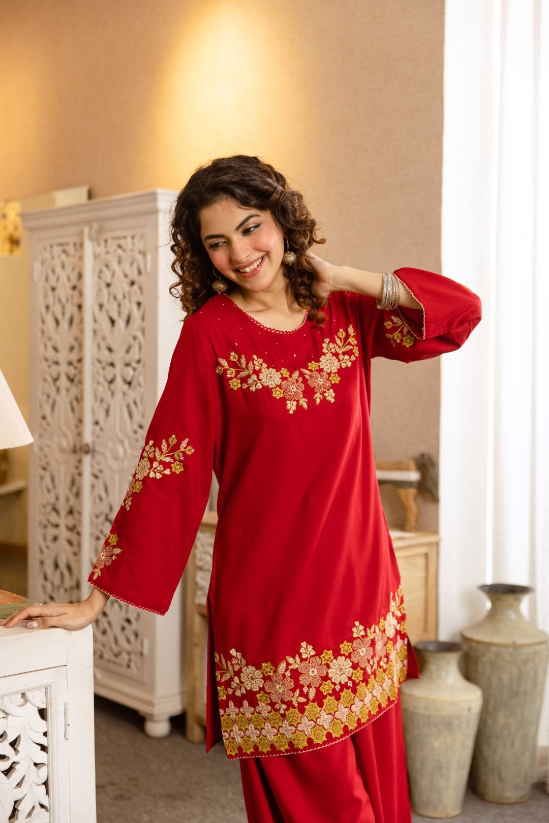 Kamli Crimson Embroidery Cotton Co-ord Set