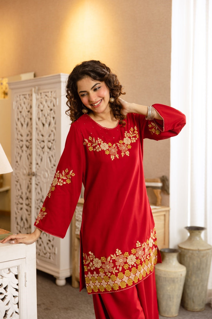 Kamli Crimson Embroidery Cotton Co-ord Set
