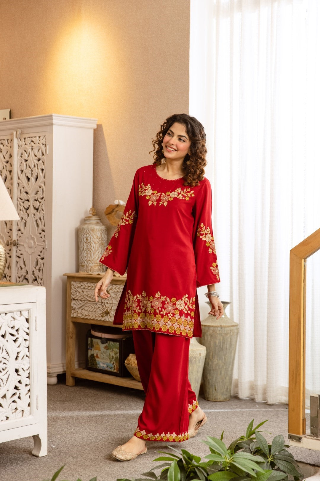 Kamli Crimson Embroidery Cotton Co-ord Set