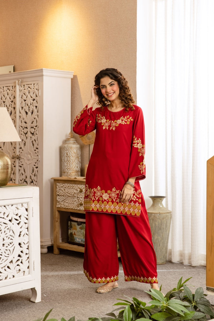 Kamli Crimson Embroidery Cotton Co-ord Set