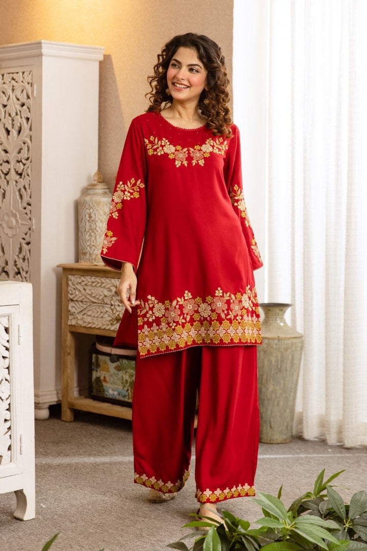 Kamli Crimson Embroidery Cotton Co-ord Set