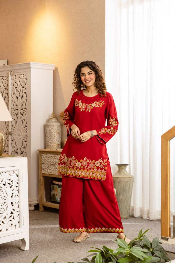Kamli Crimson Embroidery Cotton Co-ord Set