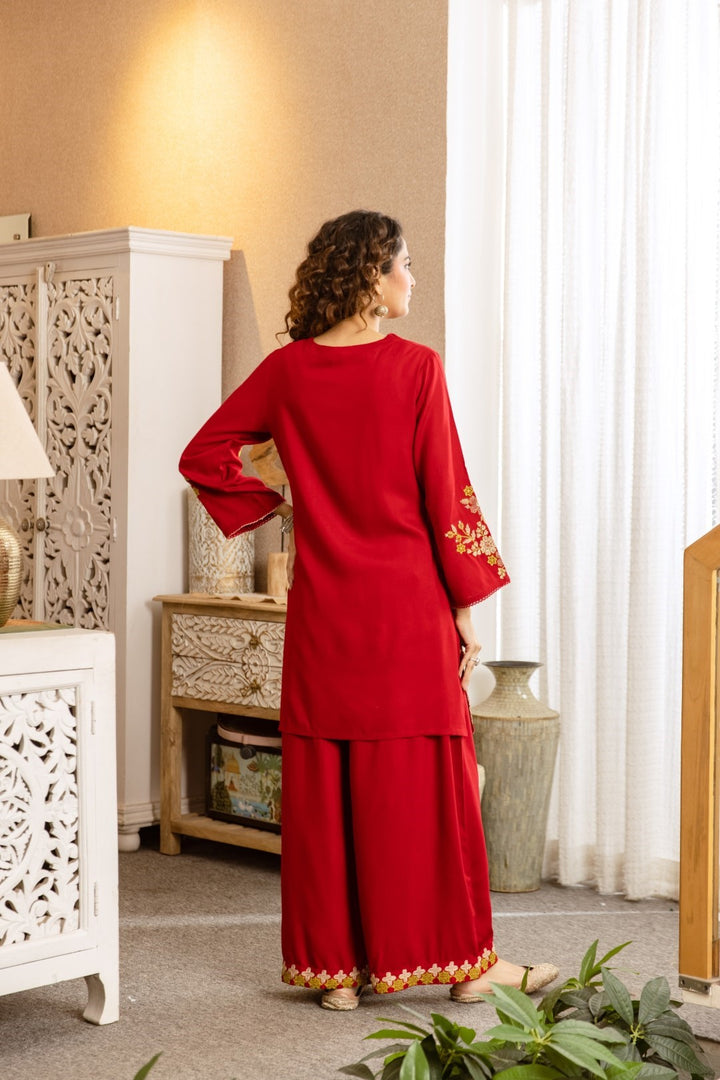 Kamli Crimson Embroidery Cotton Co-ord Set