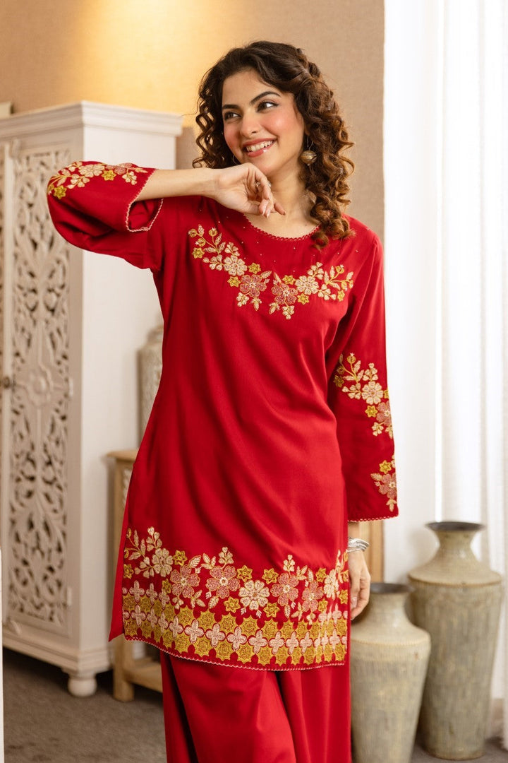 Kamli Crimson Embroidery Cotton Co-ord Set