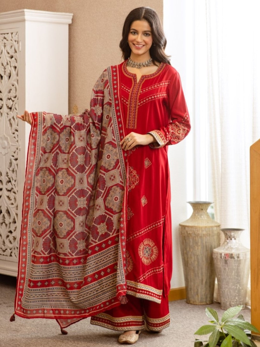 Karen Crimson Embroidery Cotton Suit set