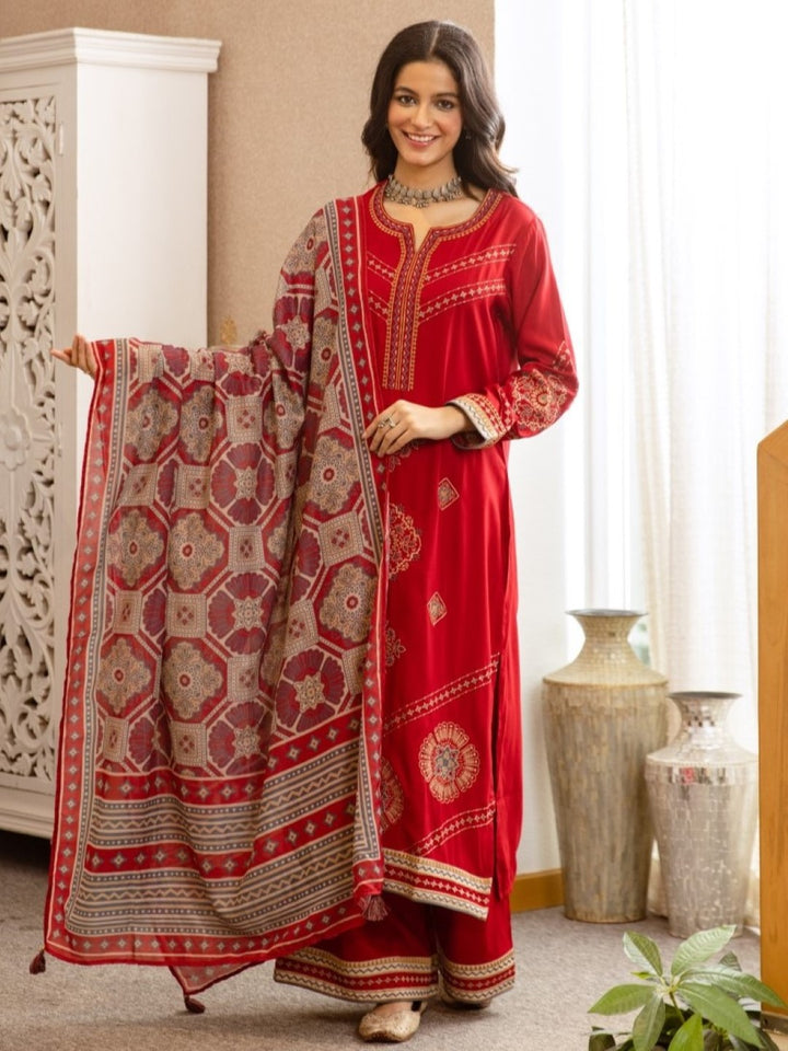Karen Crimson Embroidery Cotton Suit set