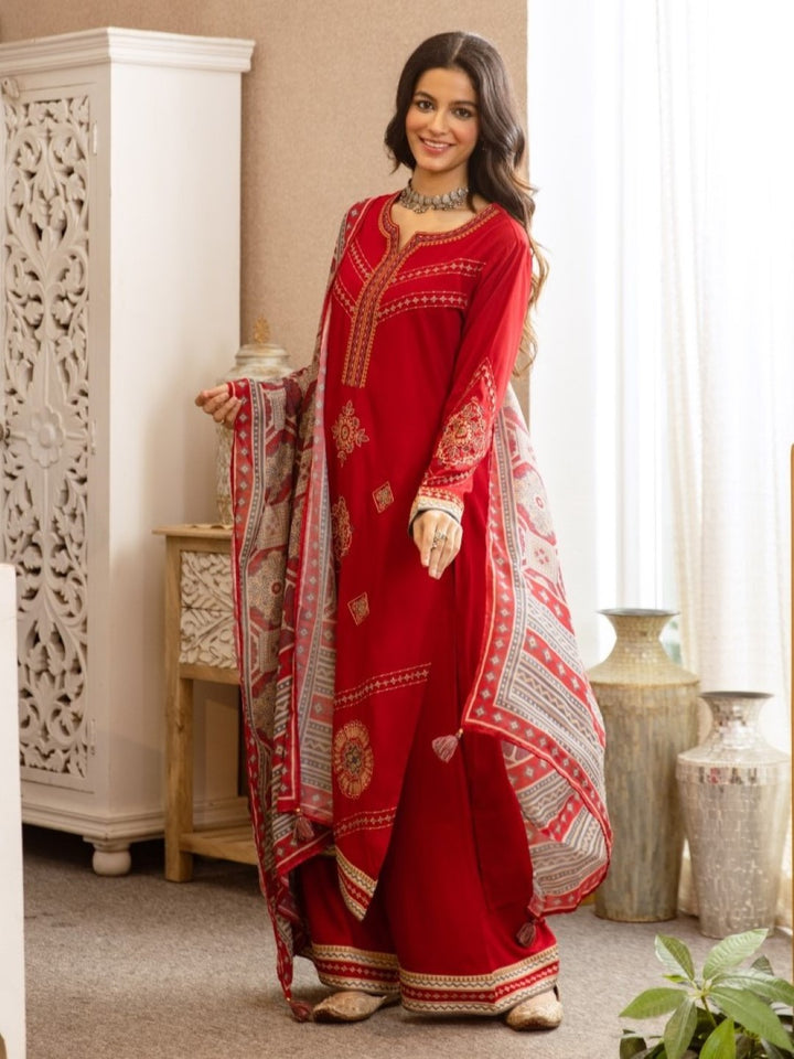 Karen Crimson Embroidery Cotton Suit set