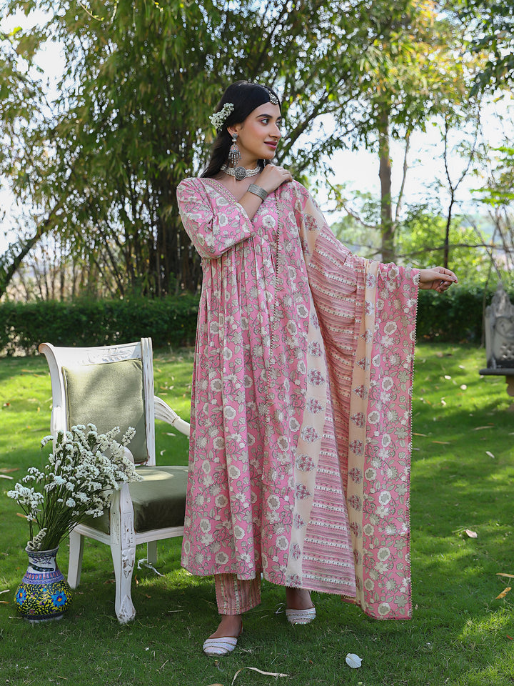 Ravali Premium Pink Cotton Anarkali Suit Set