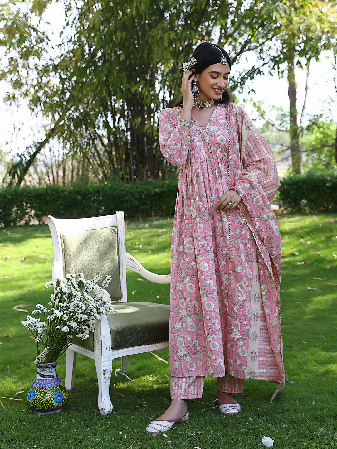 Ravali Premium Pink Cotton Anarkali Suit Set