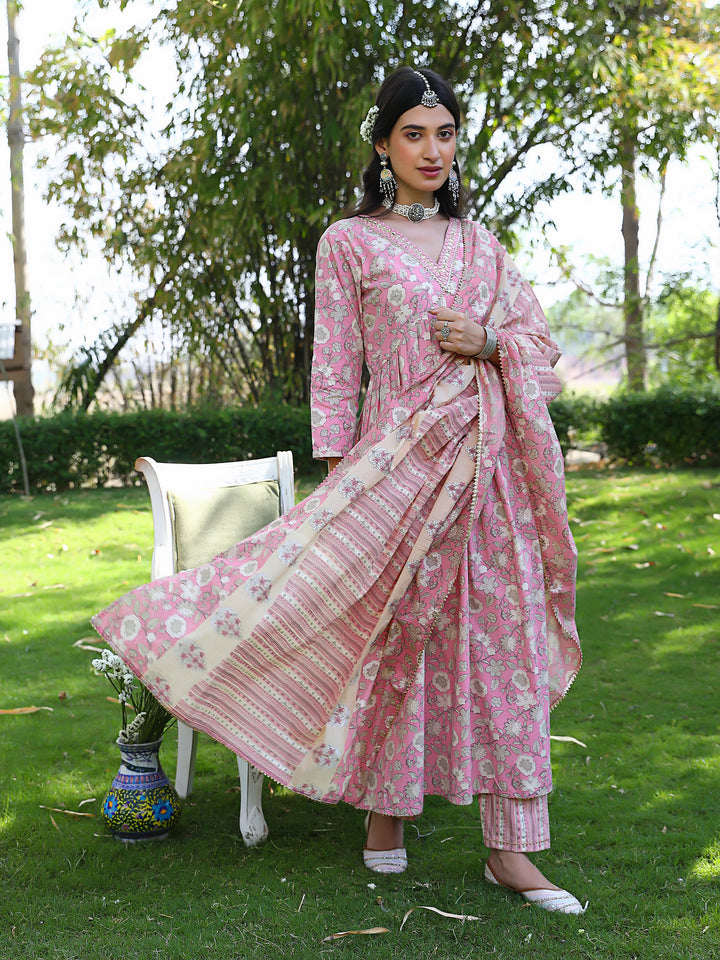 Ravali Premium Pink Cotton Anarkali Suit Set