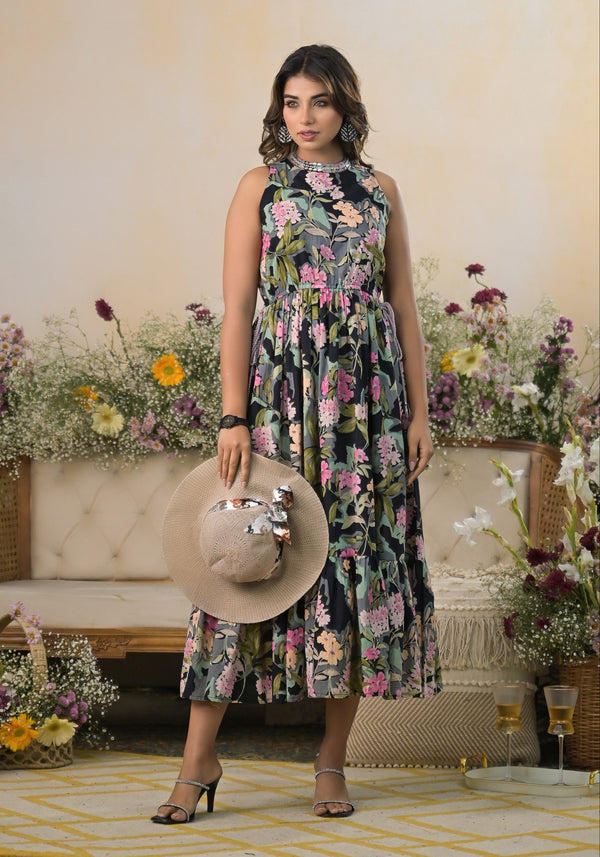 Trinity Jade Floral Handwork Cotton Midi Dress