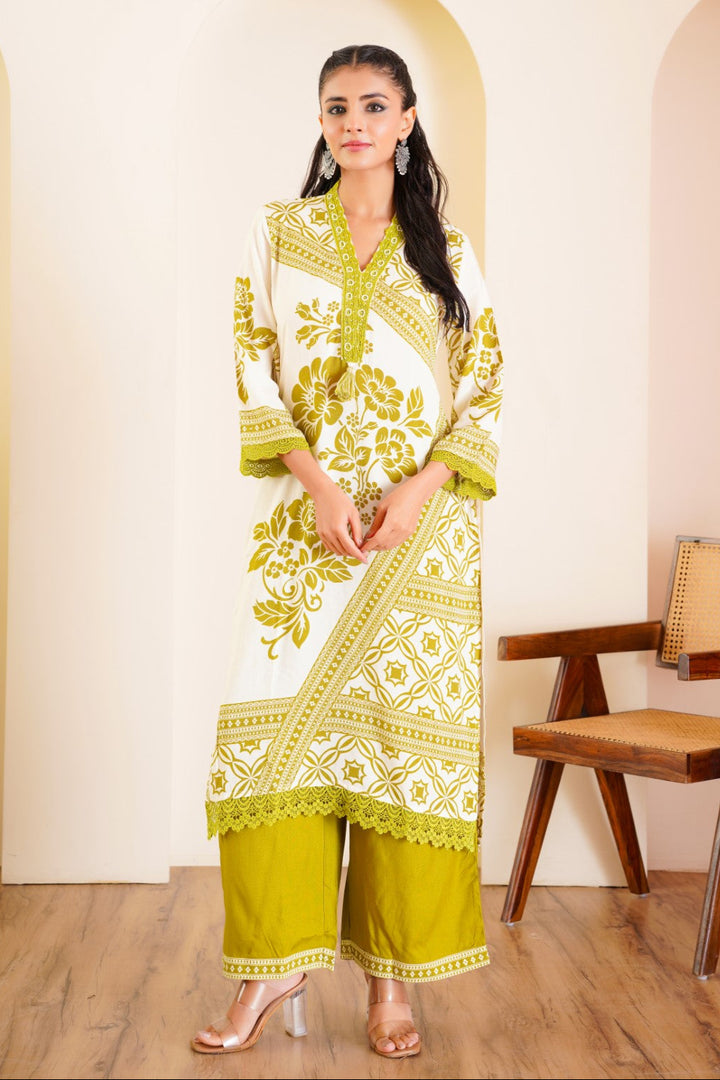 Rabha Olive printed kurta pant set