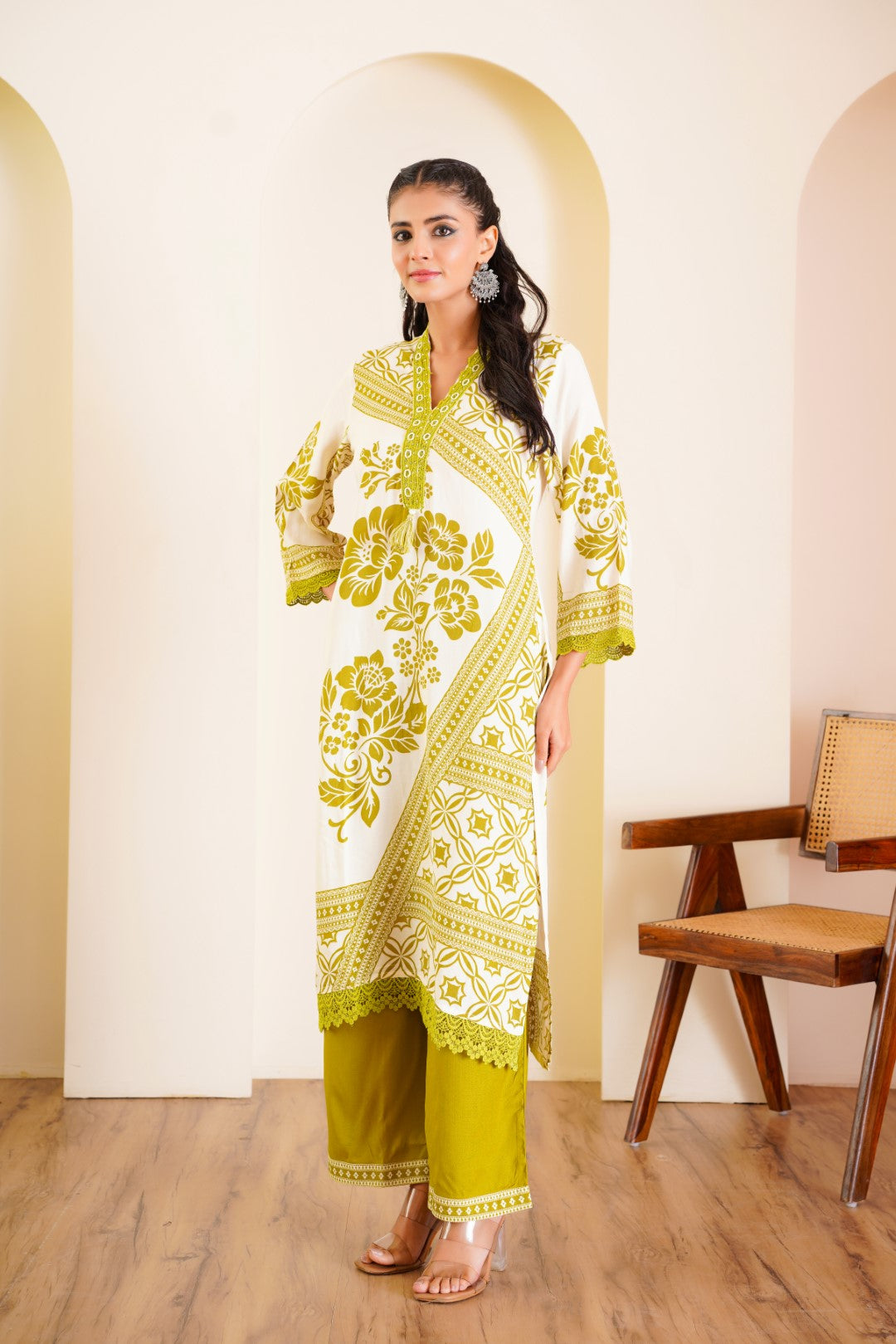 Rabha Olive printed kurta pant set