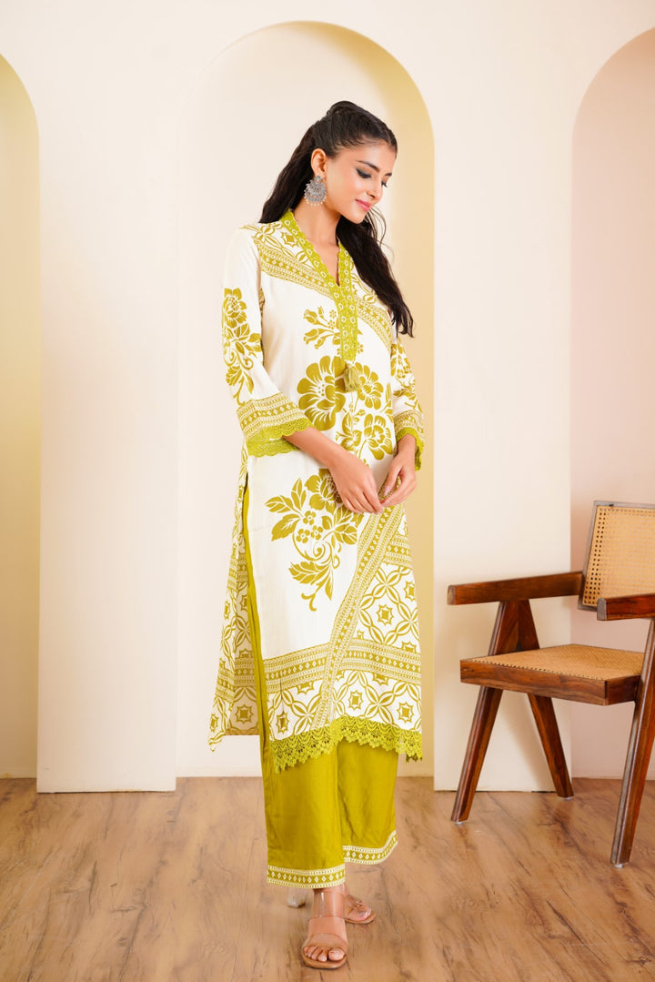 Rabha Olive printed kurta pant set