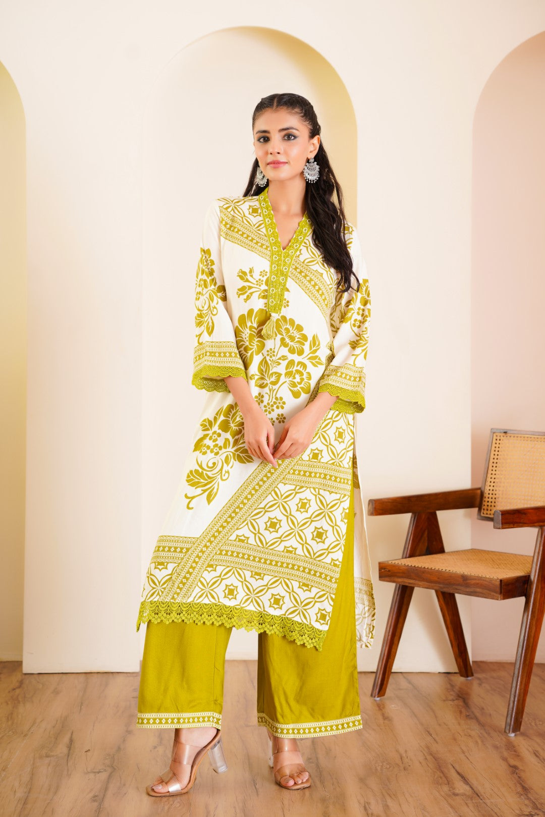 Rabha Olive printed kurta pant set