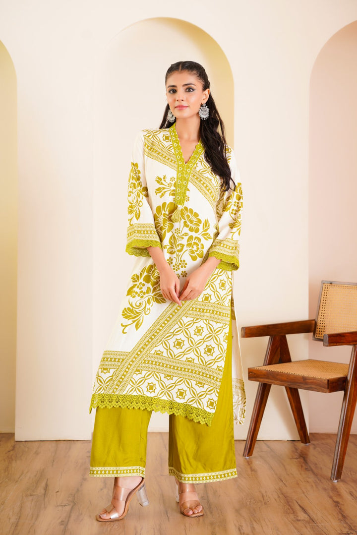 Rabha Olive printed kurta pant set