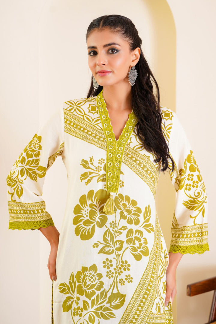 Rabha Olive printed kurta pant set