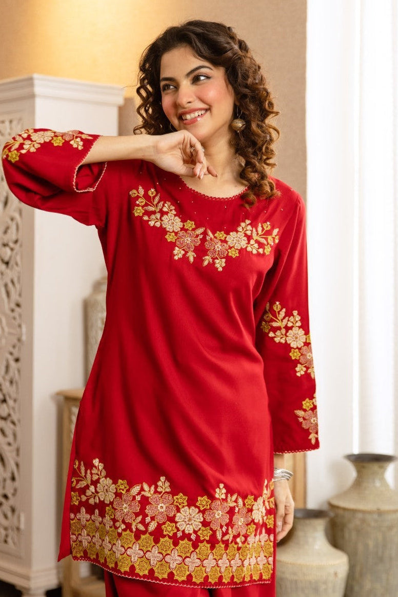 Kamli Crimson Embroidery Cotton Co-ord Set