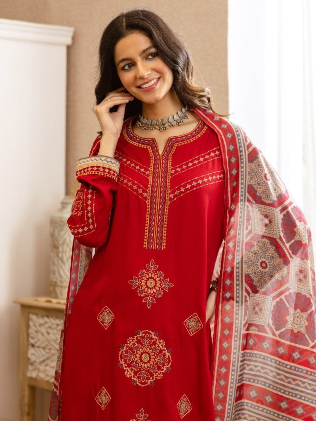 Karen Crimson Embroidery Cotton Suit set