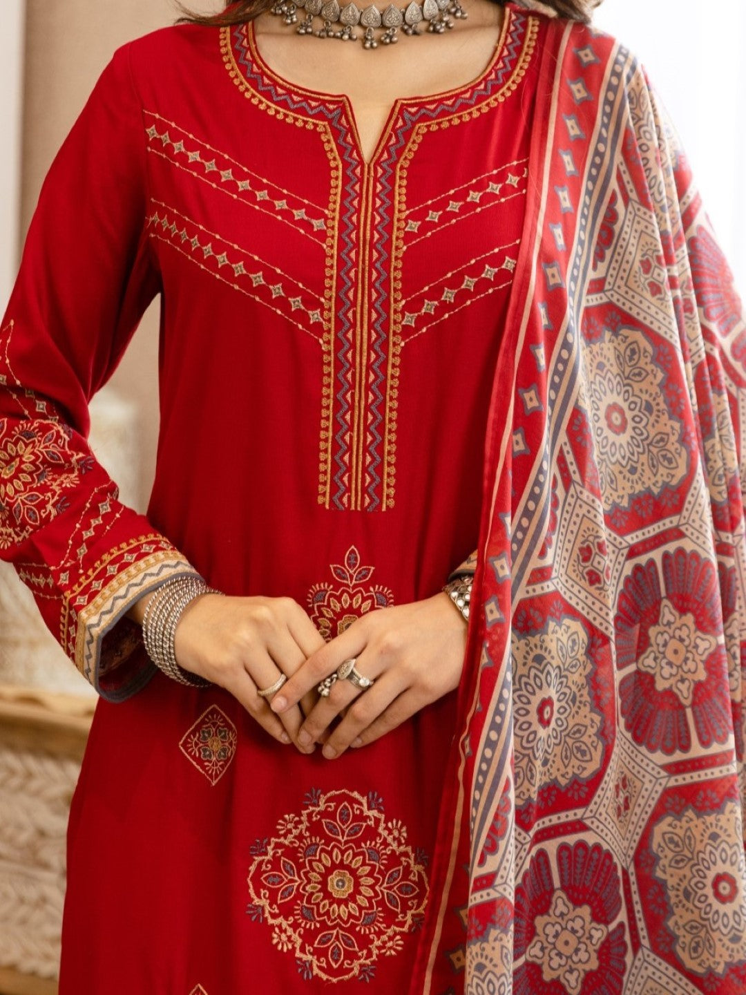 Karen Crimson Embroidery Cotton Suit set