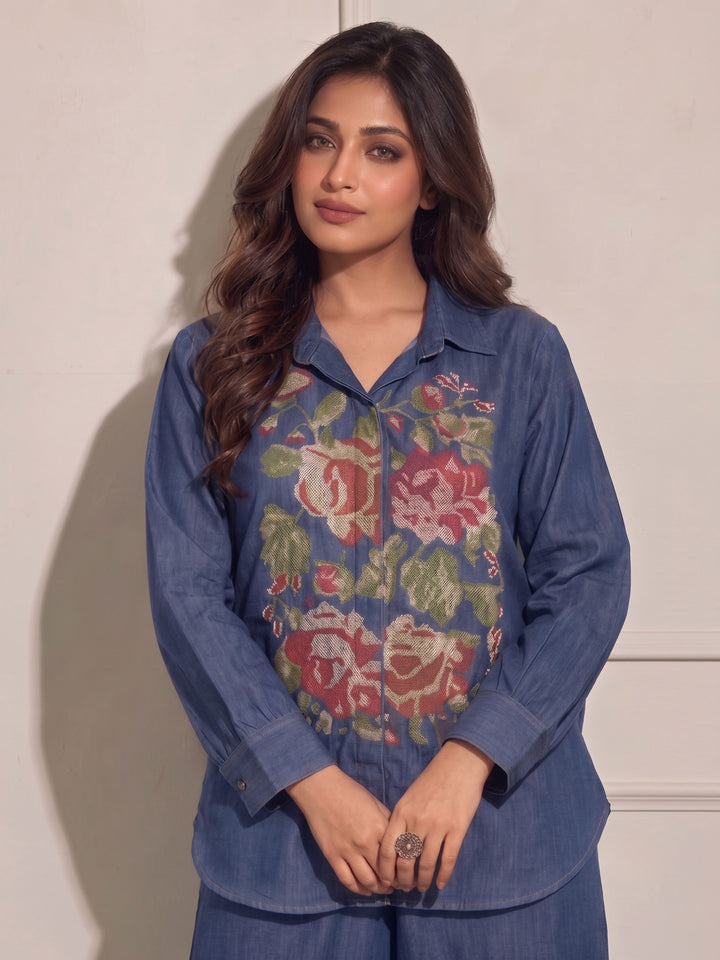 Lipi indi embroidery denim co-ord set