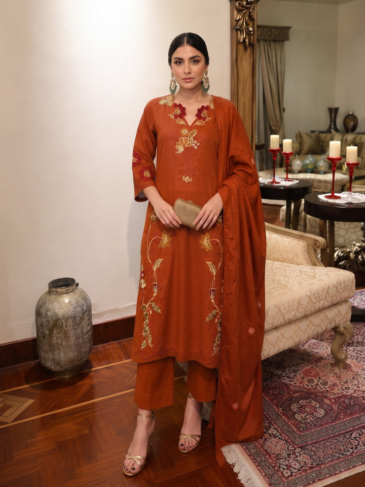 Lipi saffron embroidery cotton suit set
