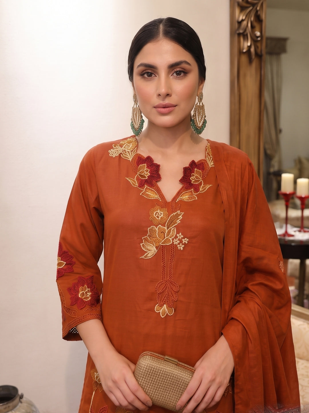 Lipi saffron embroidery cotton suit set