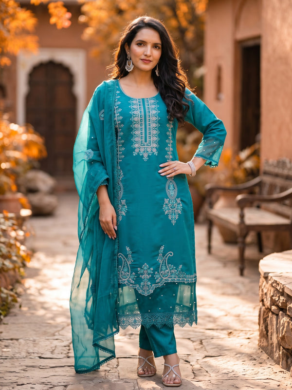 Mahi Cyan Embroidered Suit Set