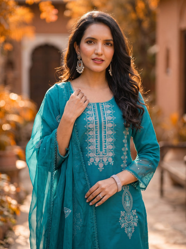 Mahi Cyan Embroidered Suit Set