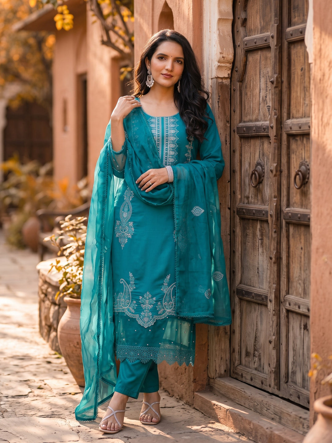Mahi Cyan Embroidered Suit Set