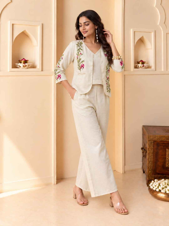 Mayri Pearl embroidery Cotton Jacket Co-ord set