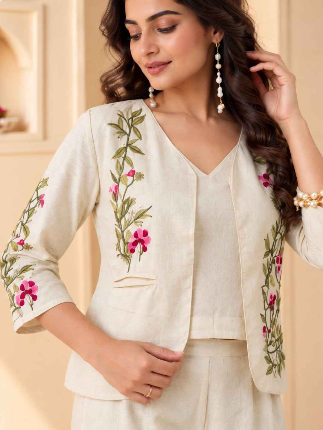 Mayri Pearl embroidery Cotton Jacket Co-ord set
