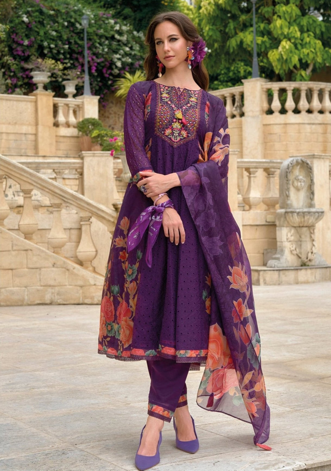 Altaf Orchid Schiffli Anarkali Full Work Cotton Suit set